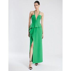 BCBGMAXAZRIA Daphne Peplum Crepe Evening Gown Malachite Womens Size 0